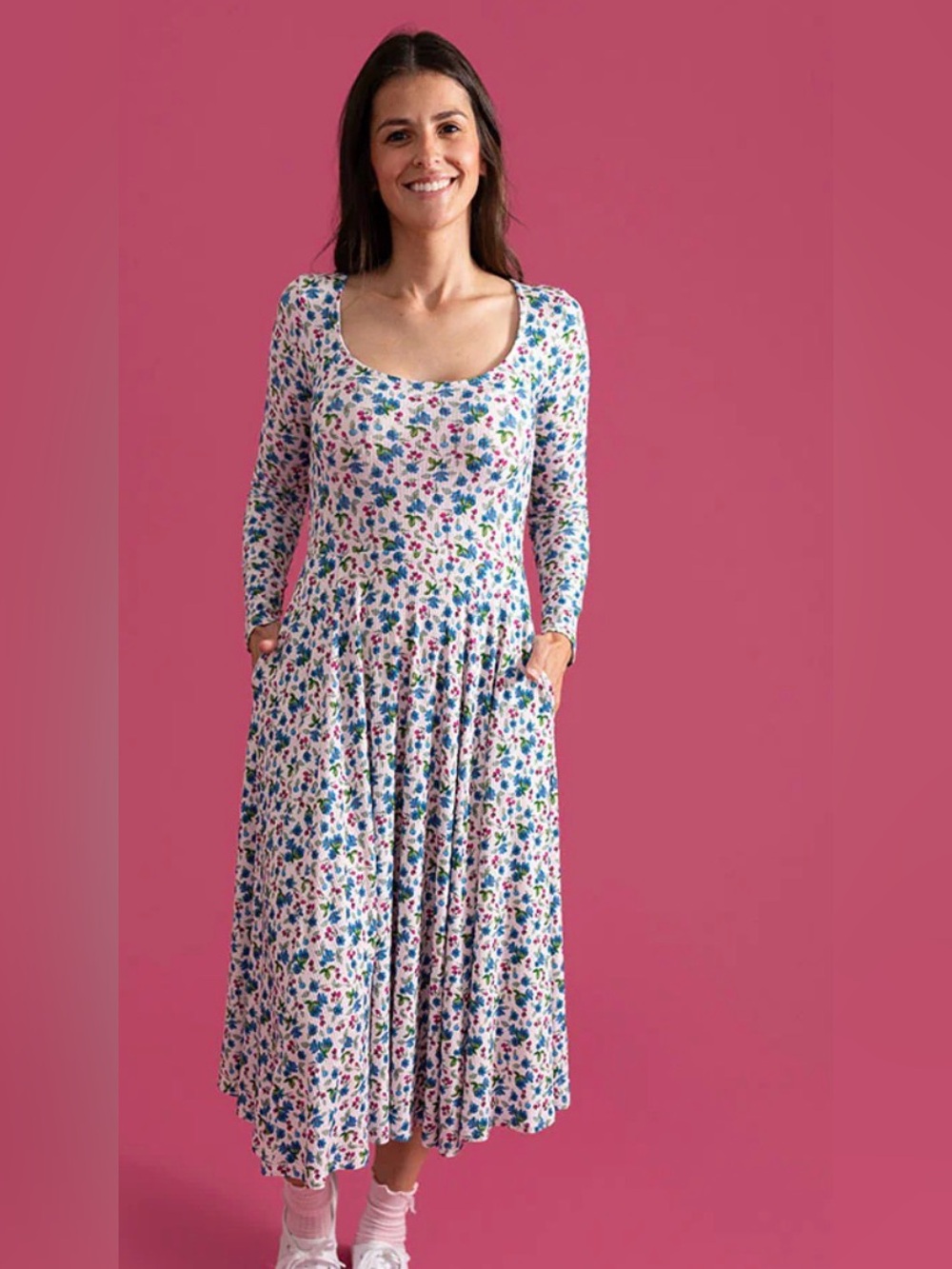 Posh Peanut Aveline twirl dress blue floral pattern with a scooped neckline S